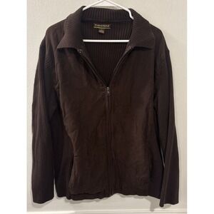 Cubavera Mens Large Brown Full Zip Sweater Jacket Faux Suede Cotton